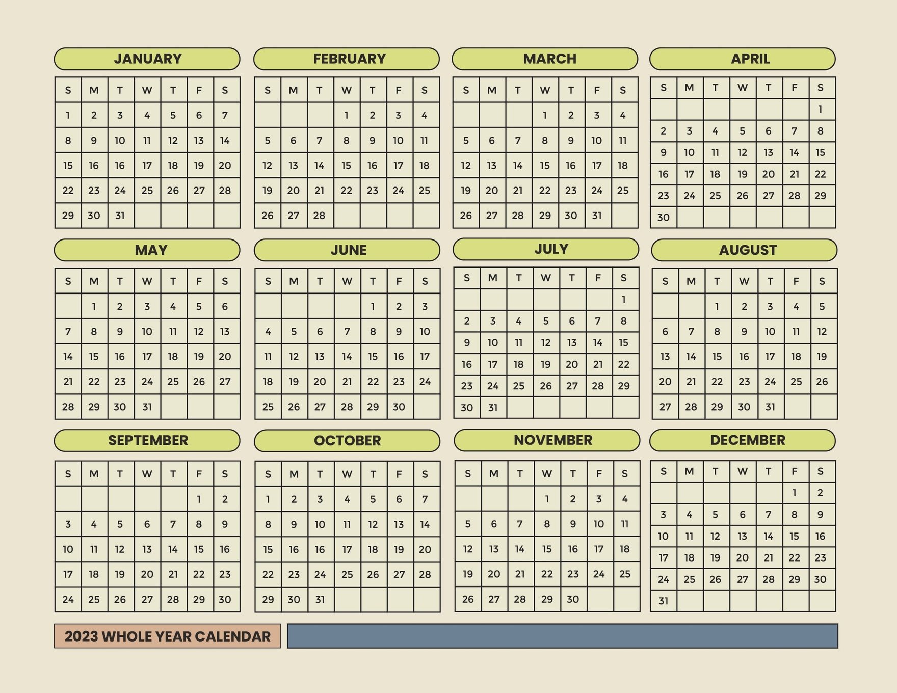 Simple Year 2023 Calendar Template in Word, Illustrator, PSD