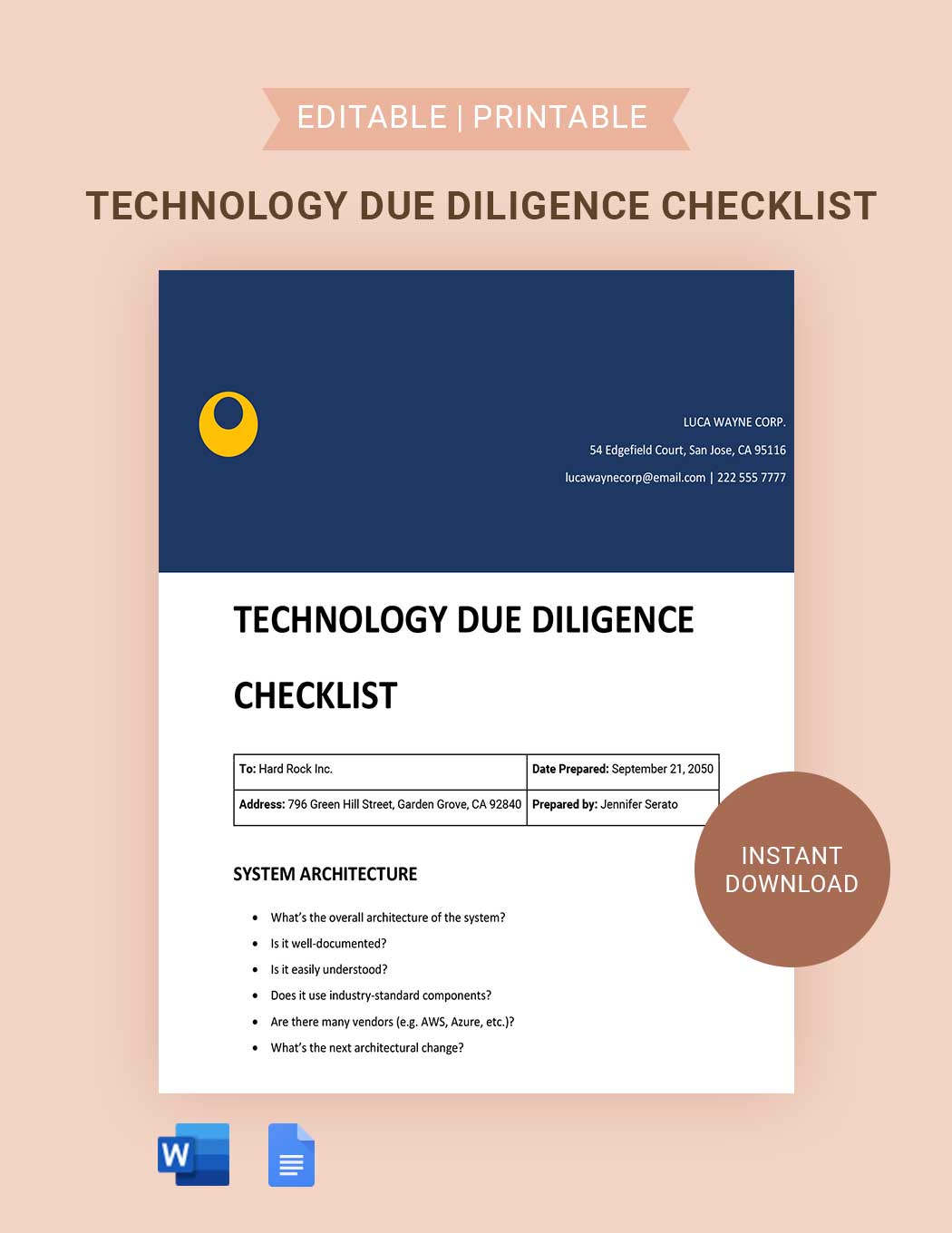 Technology Due Diligence Checklist in Word, Google Docs, Apple Pages