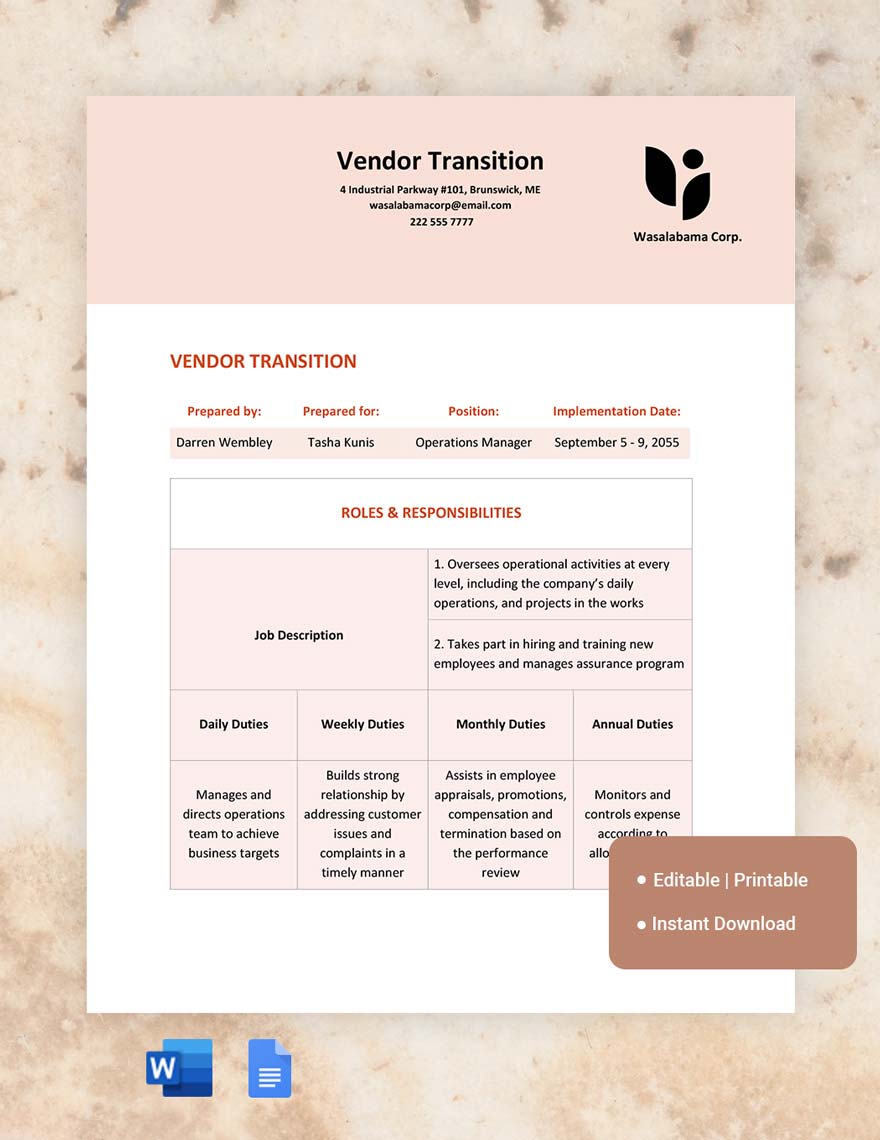 Vendor Transition Template in Word, Google Docs, Apple Pages