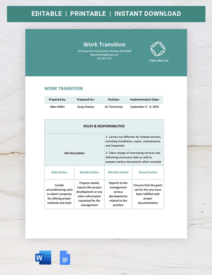 Work Transition Template in Word, Google Docs, Apple Pages