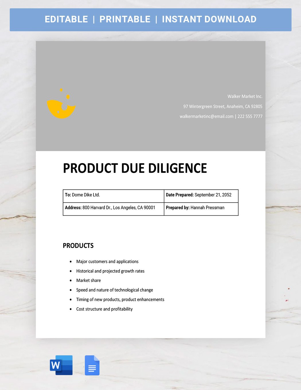 Product Due Diligence  in Word, Google Docs, Apple Pages