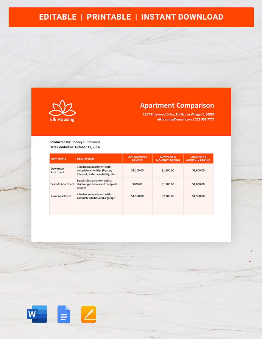 Apartment Comparison Template in Word, Google Docs, Apple Pages