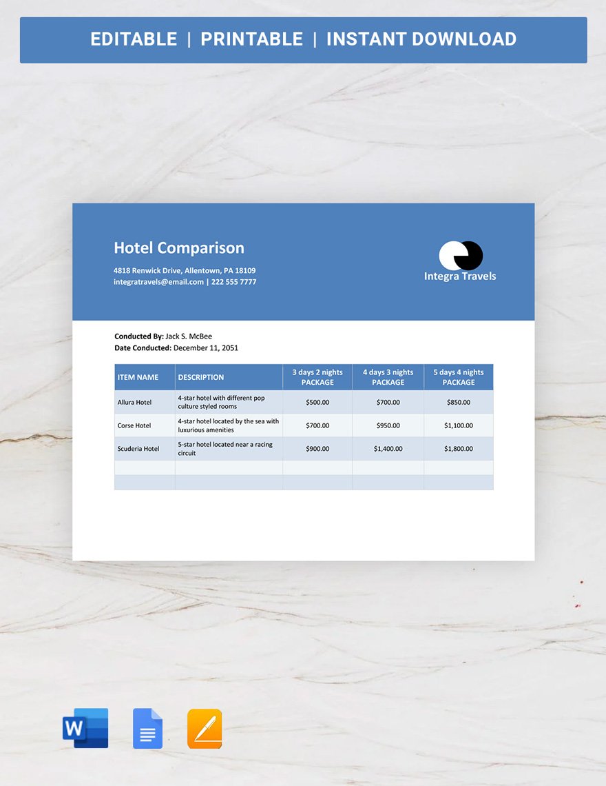 Hotel Comparison Template in Word, Google Docs, Apple Pages