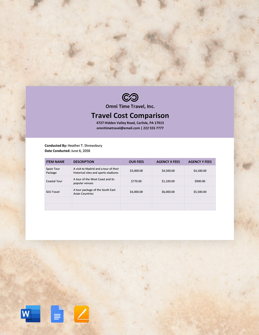 a constructed travel cost comparison worksheet