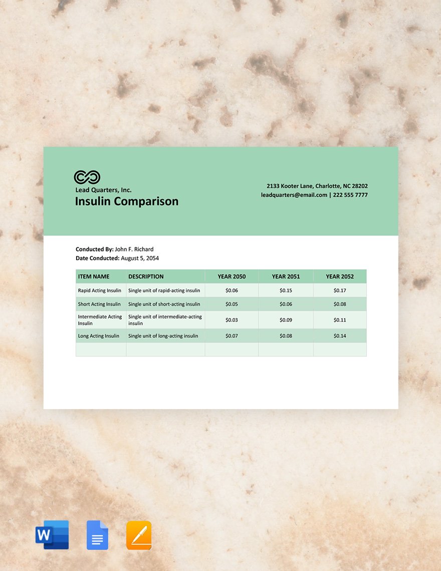 Insulin Comparison Template in Word, Google Docs, Apple Pages