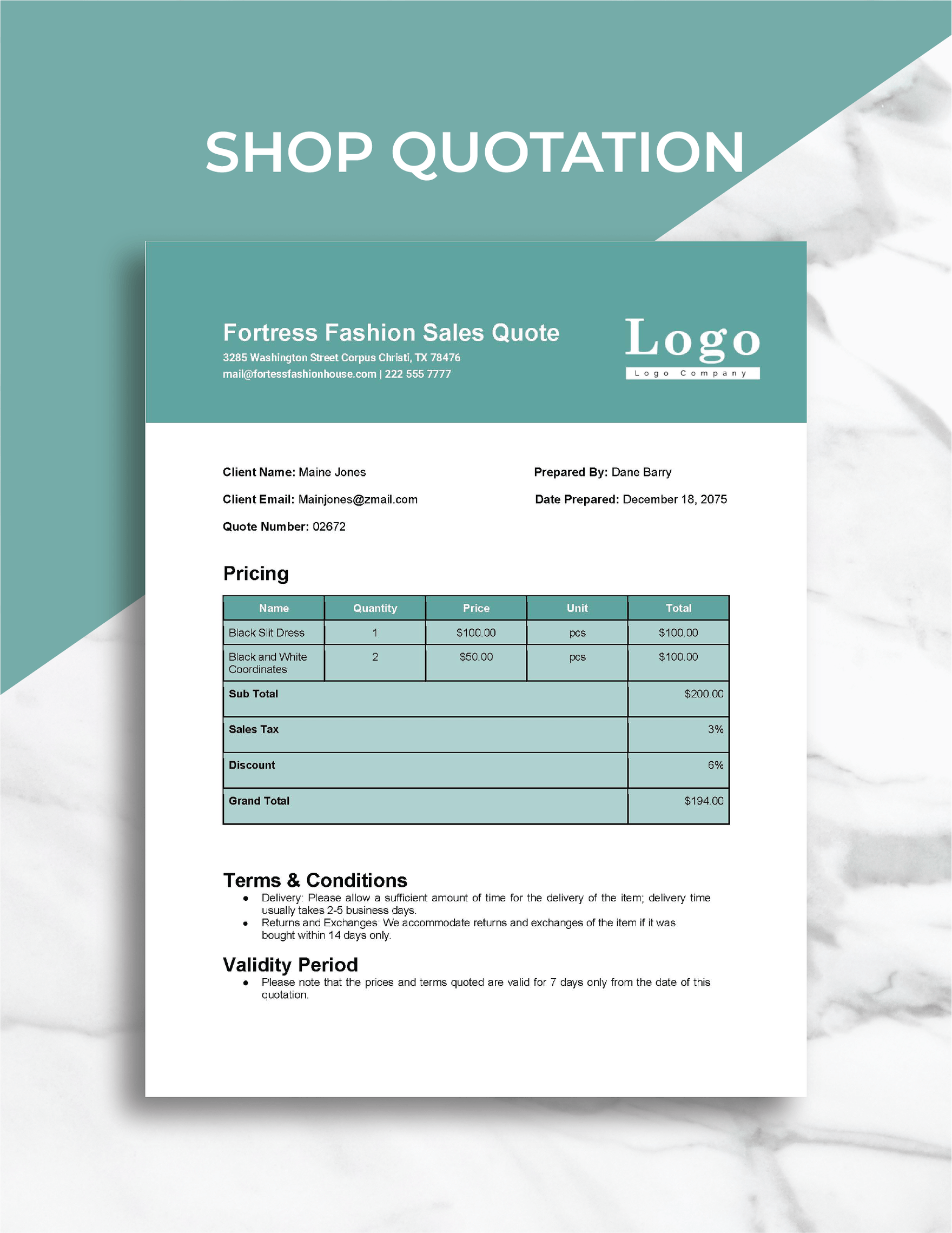 Free Shop Quotation Template