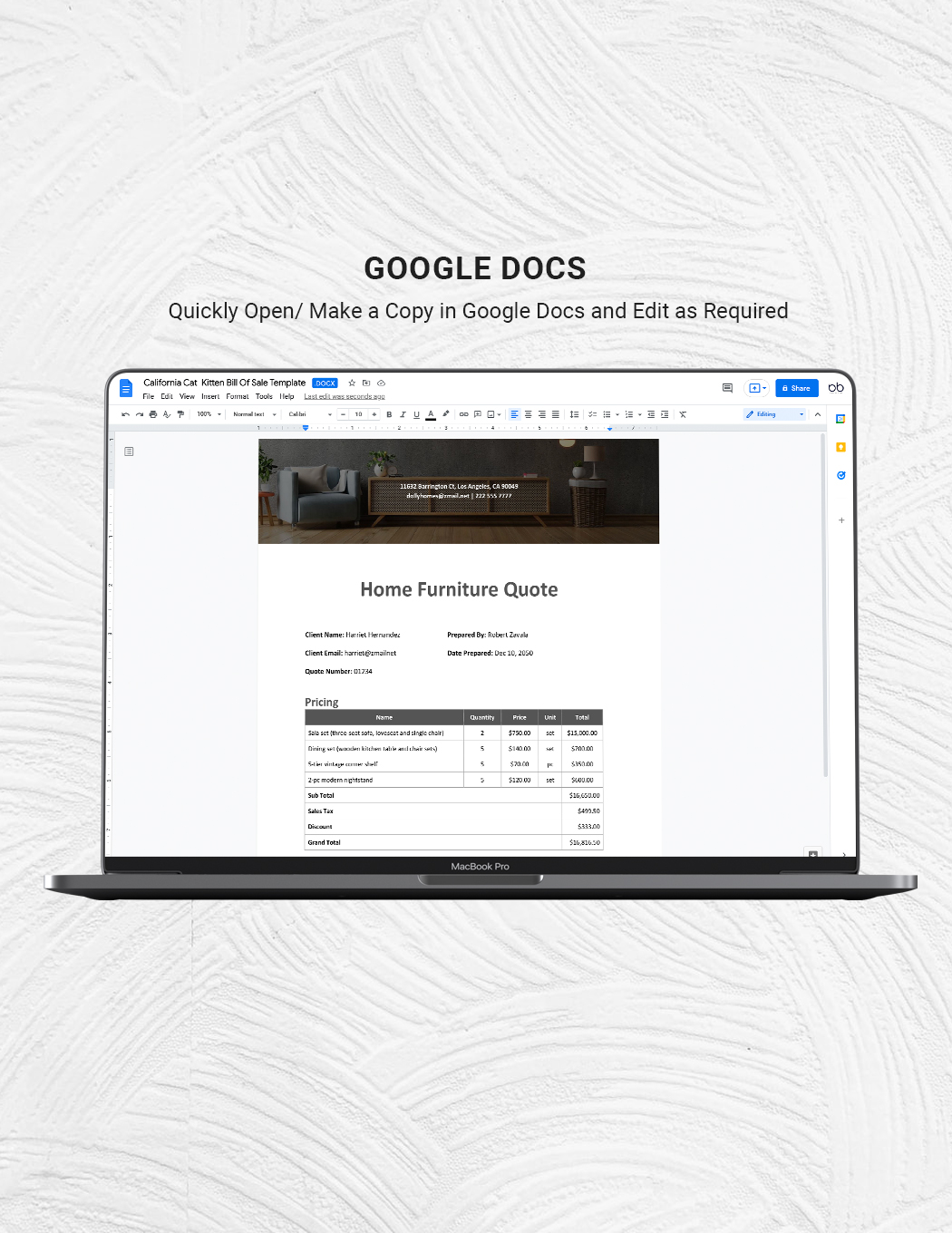 Furniture Shop Quotation Template Google Docs, Word