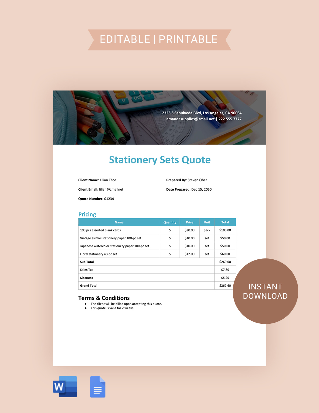 Stationery Shop Quotation Template in Word, Google Docs