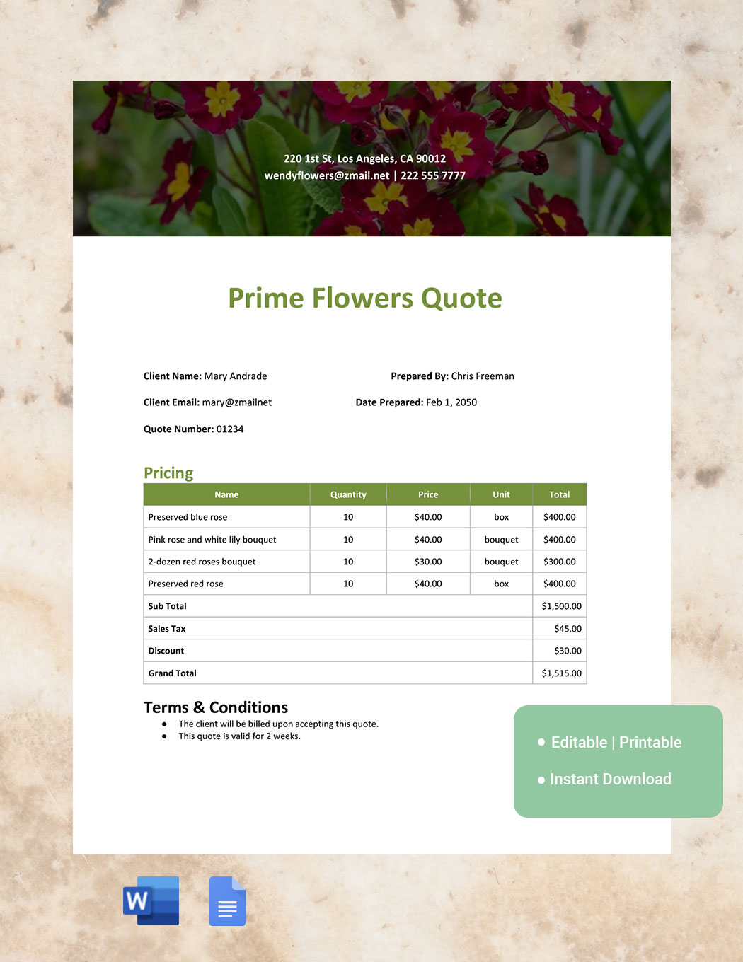 Flower Shop Quotation Template in Word, Google Docs