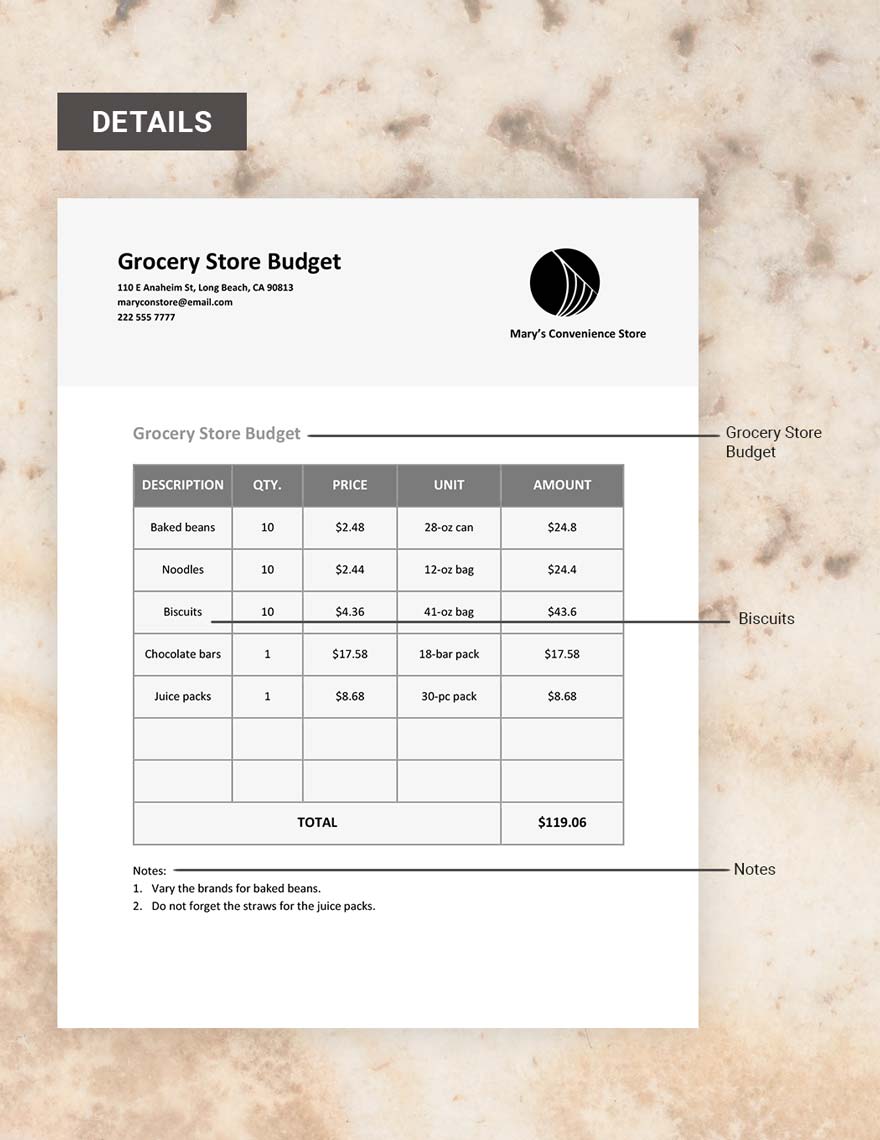 Grocery Store Budget Template
