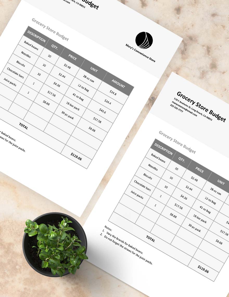 Grocery Store Budget Template