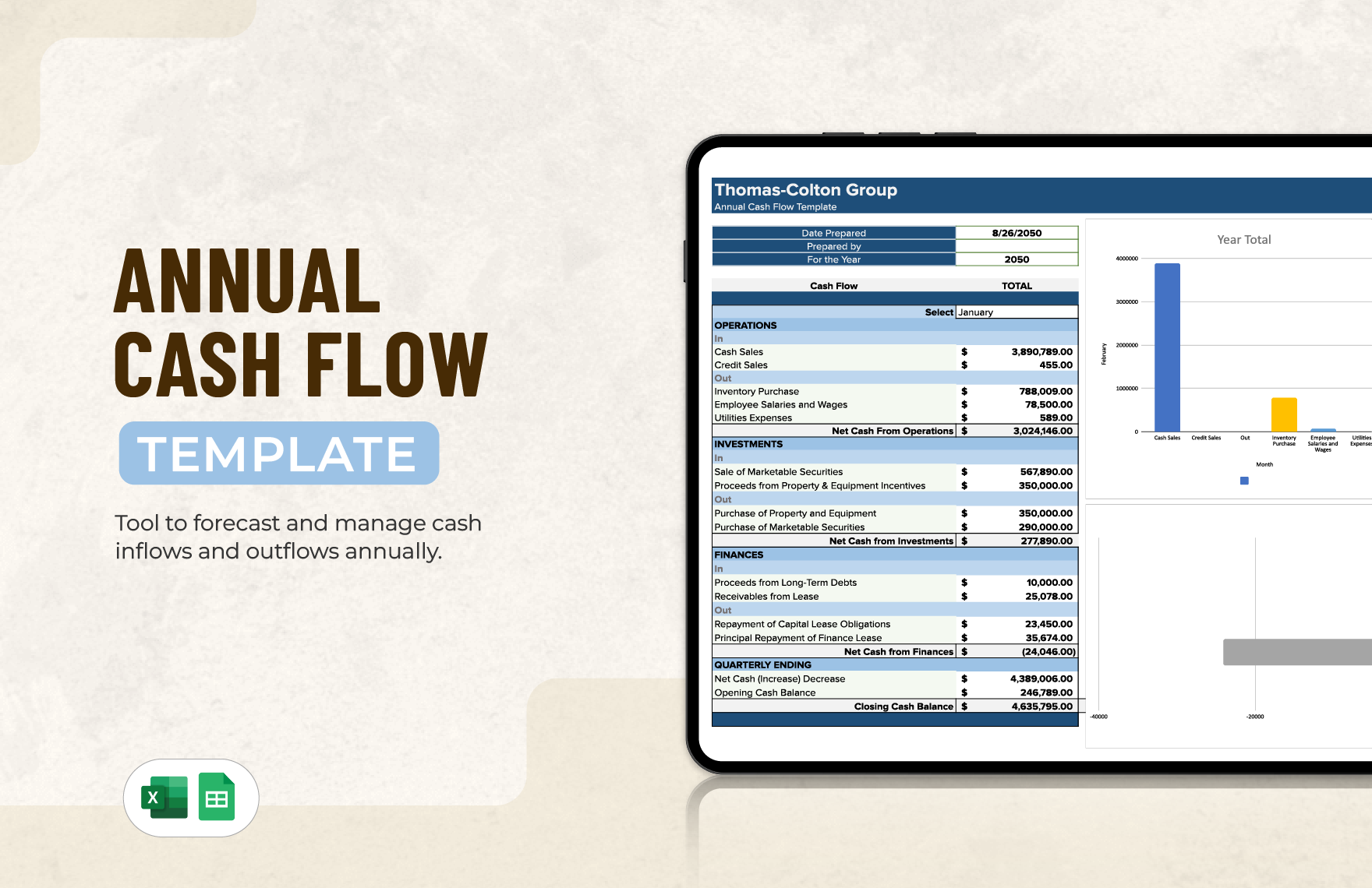 Annual Cash Flow Template in Excel, Google Sheets
