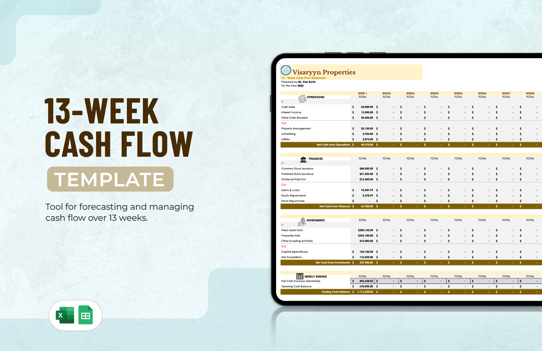 13-Week Cash Flow Template in Excel, Google Sheets