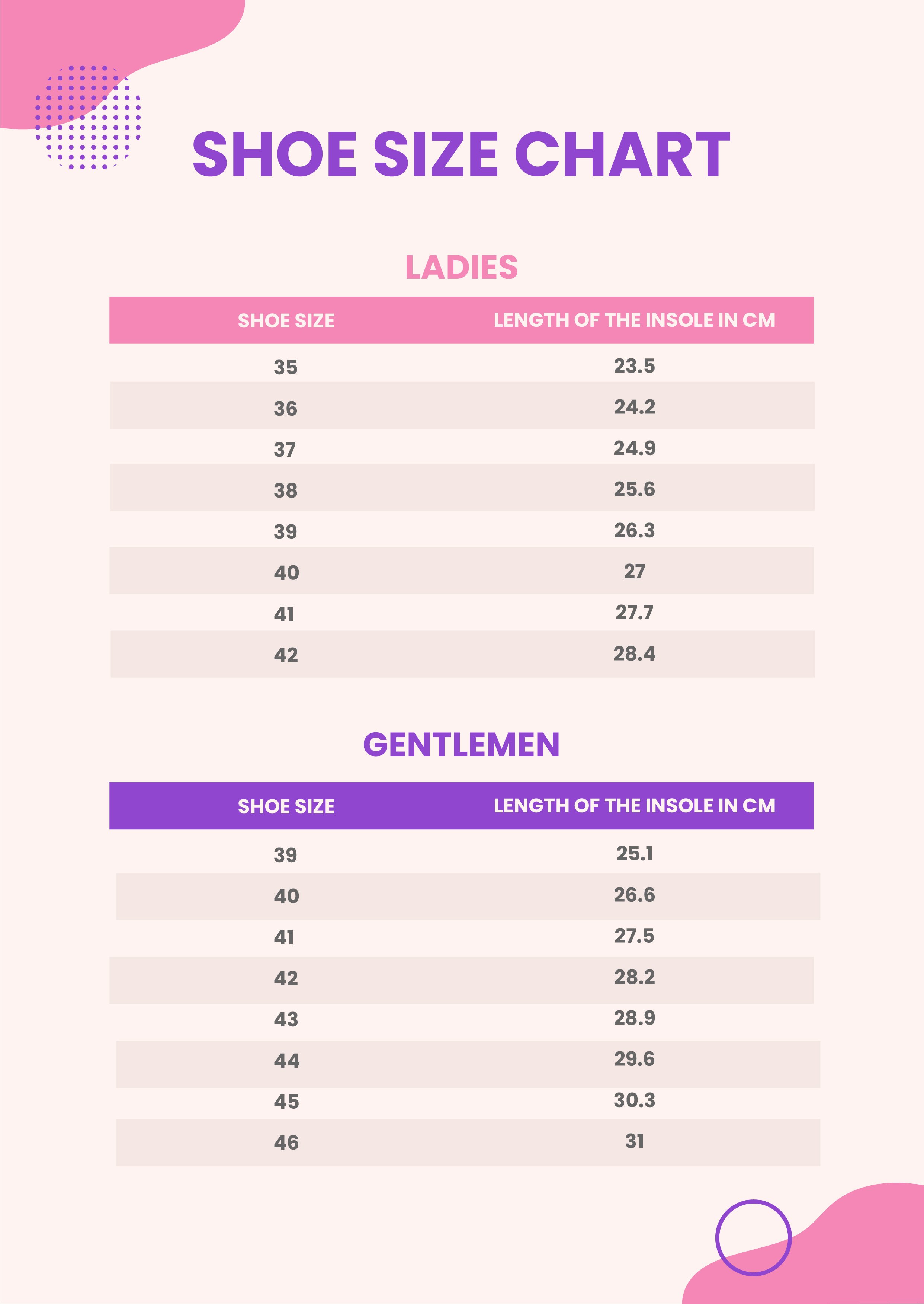 Women shoe sale size table