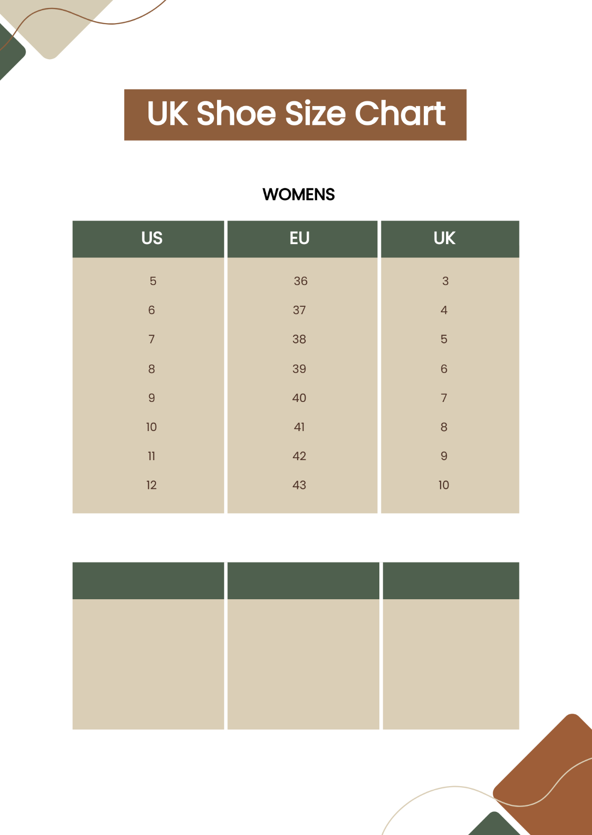 Uk Shoe Size Chart Template