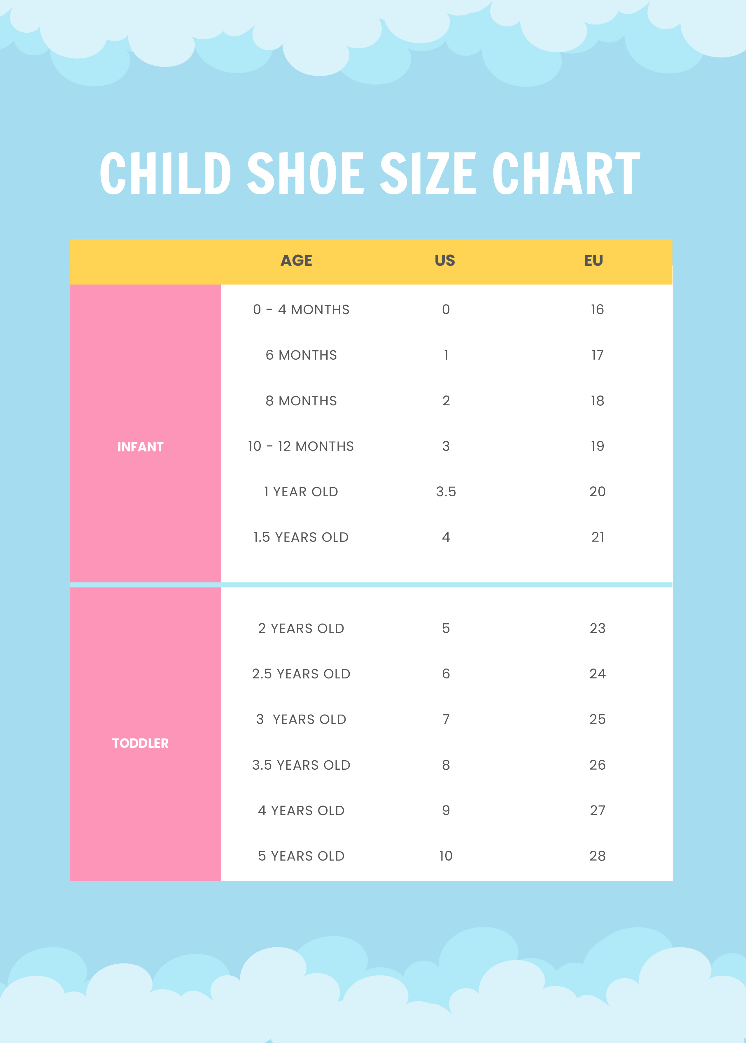 Shoe Size Chart Child To Adult