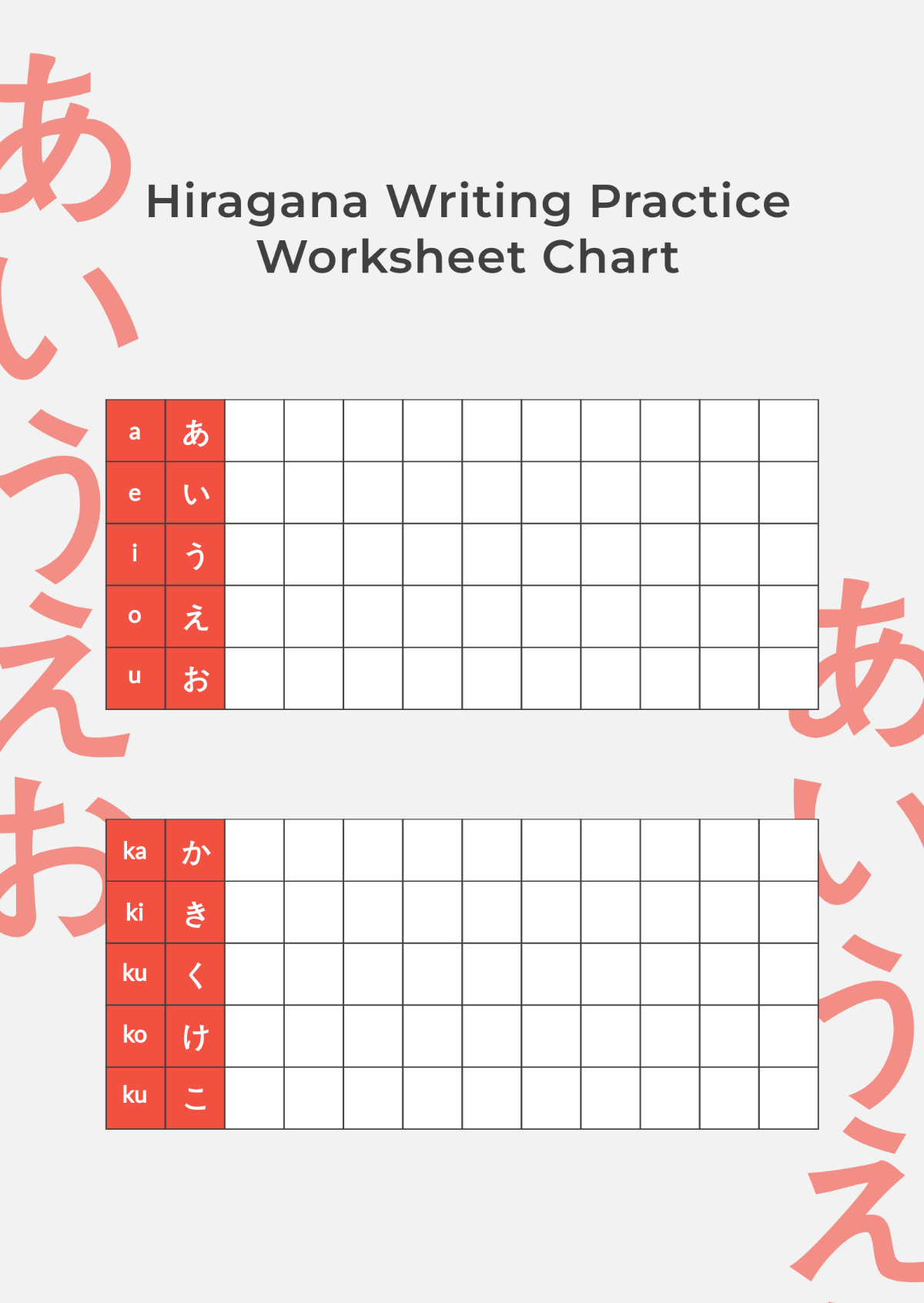 Hiragana Writing Practice Worksheet Chart Template