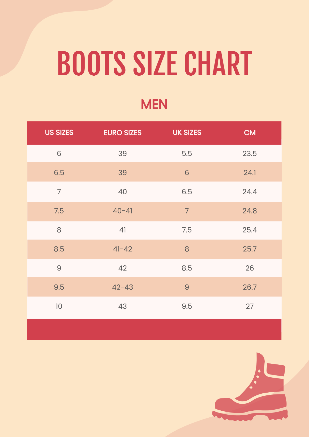 Free Boots Size Chart Template
