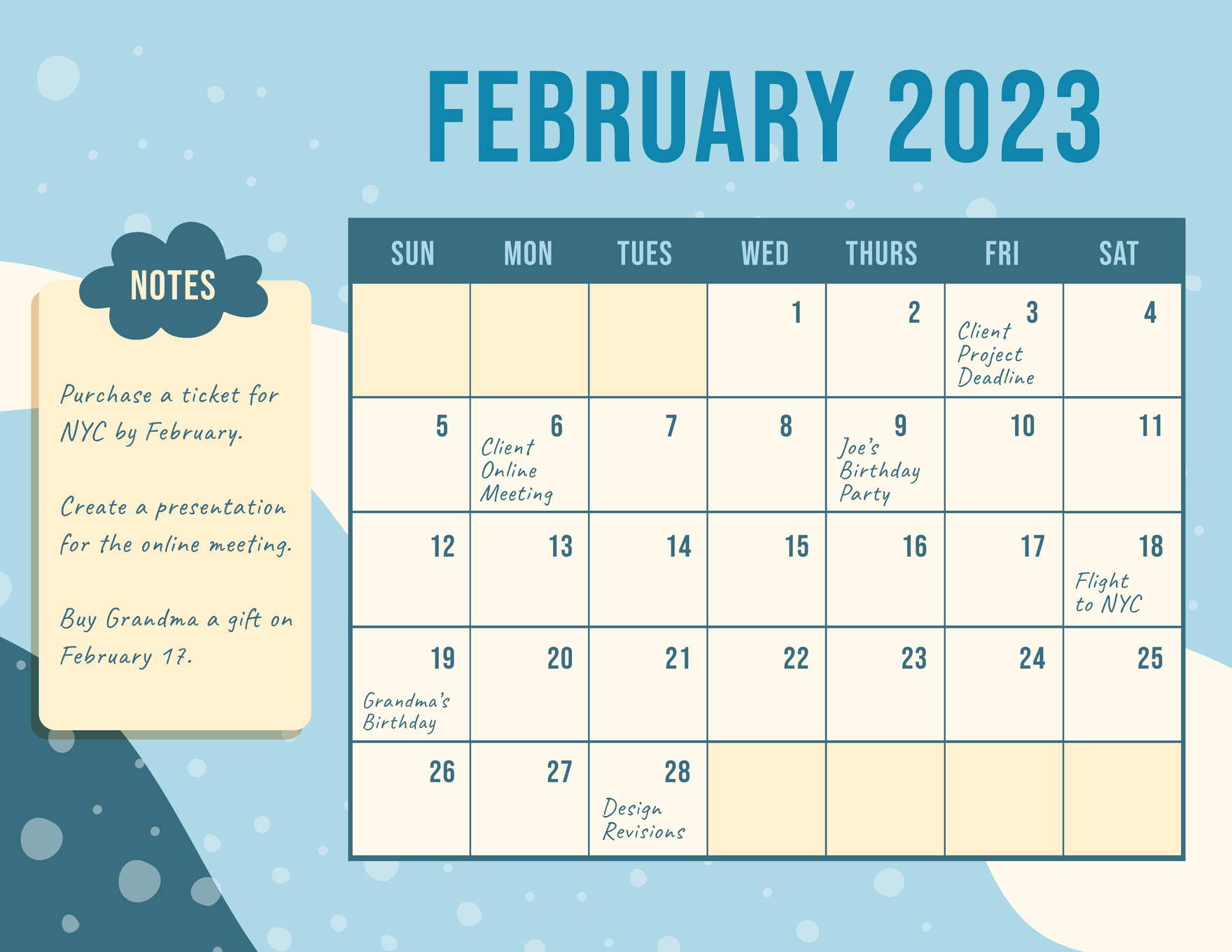Blue February 2023 Calendar Template