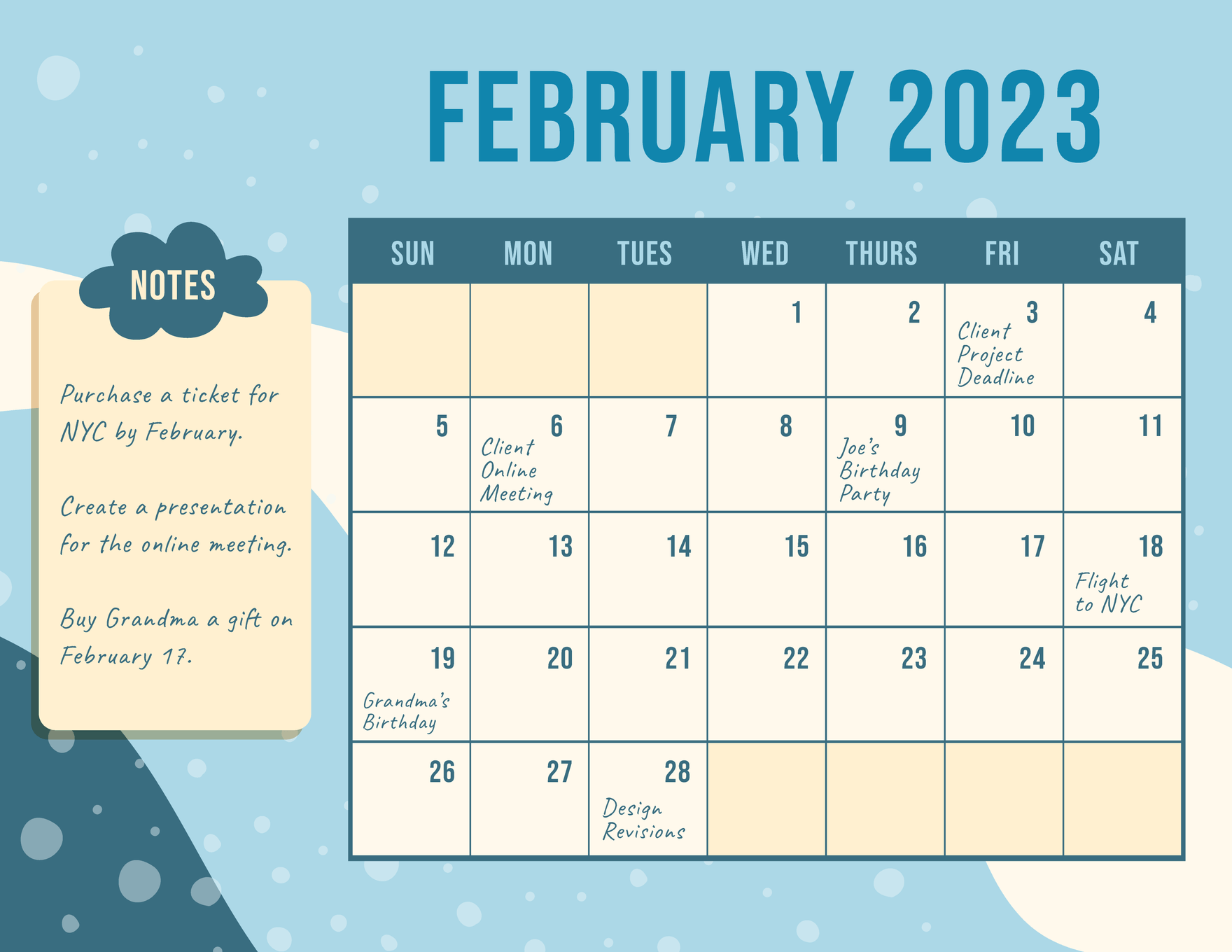 Blue February 2023 Calendar Template in Word, Google Docs, Illustrator, PSD, Apple Pages