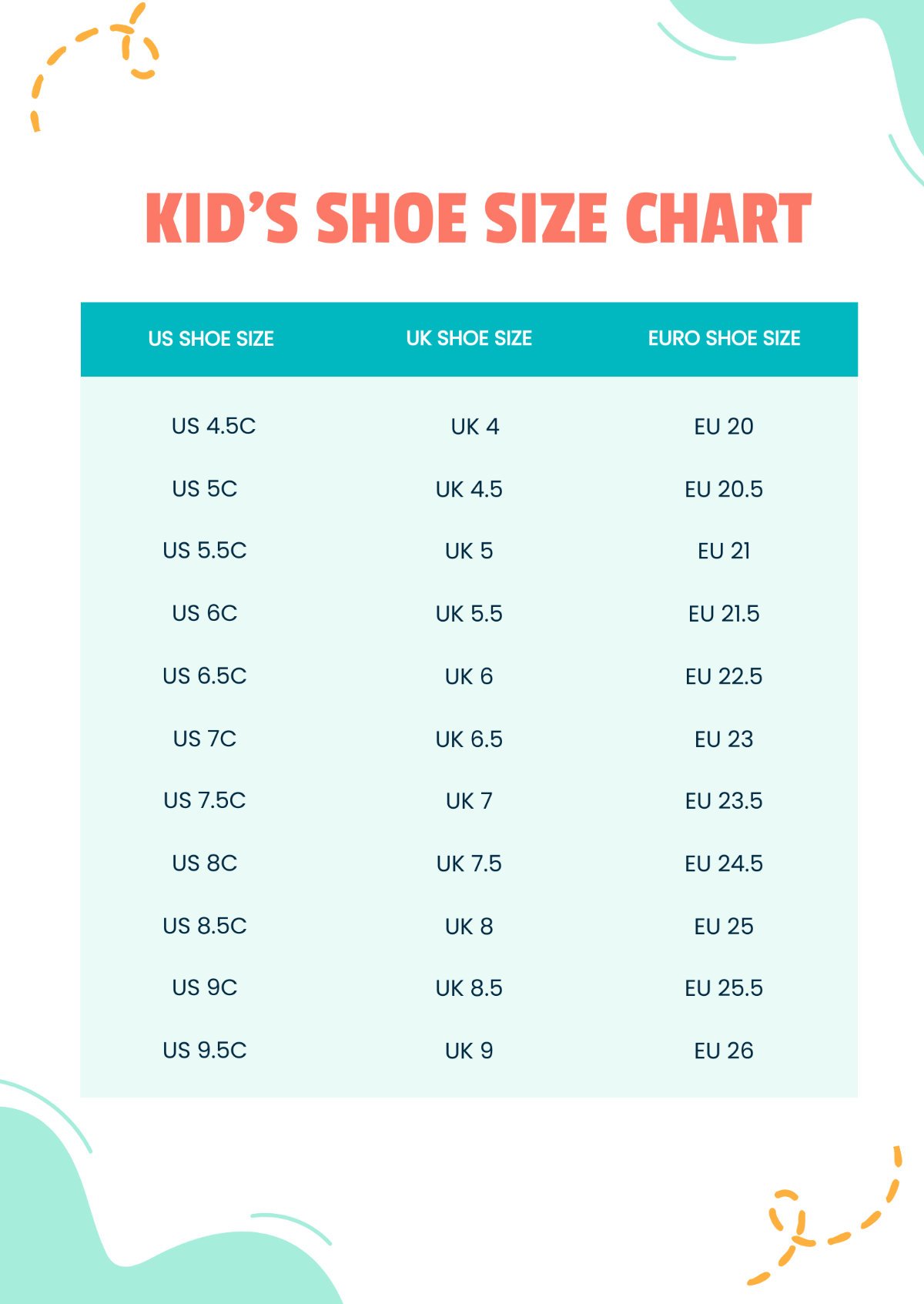 Free Kids' Shoe Size Chart Template