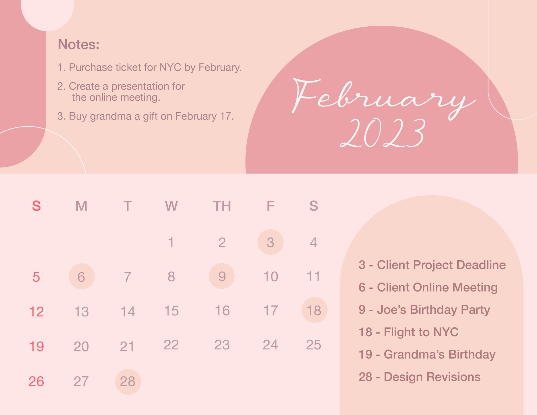 Pink February 2023 Calendar