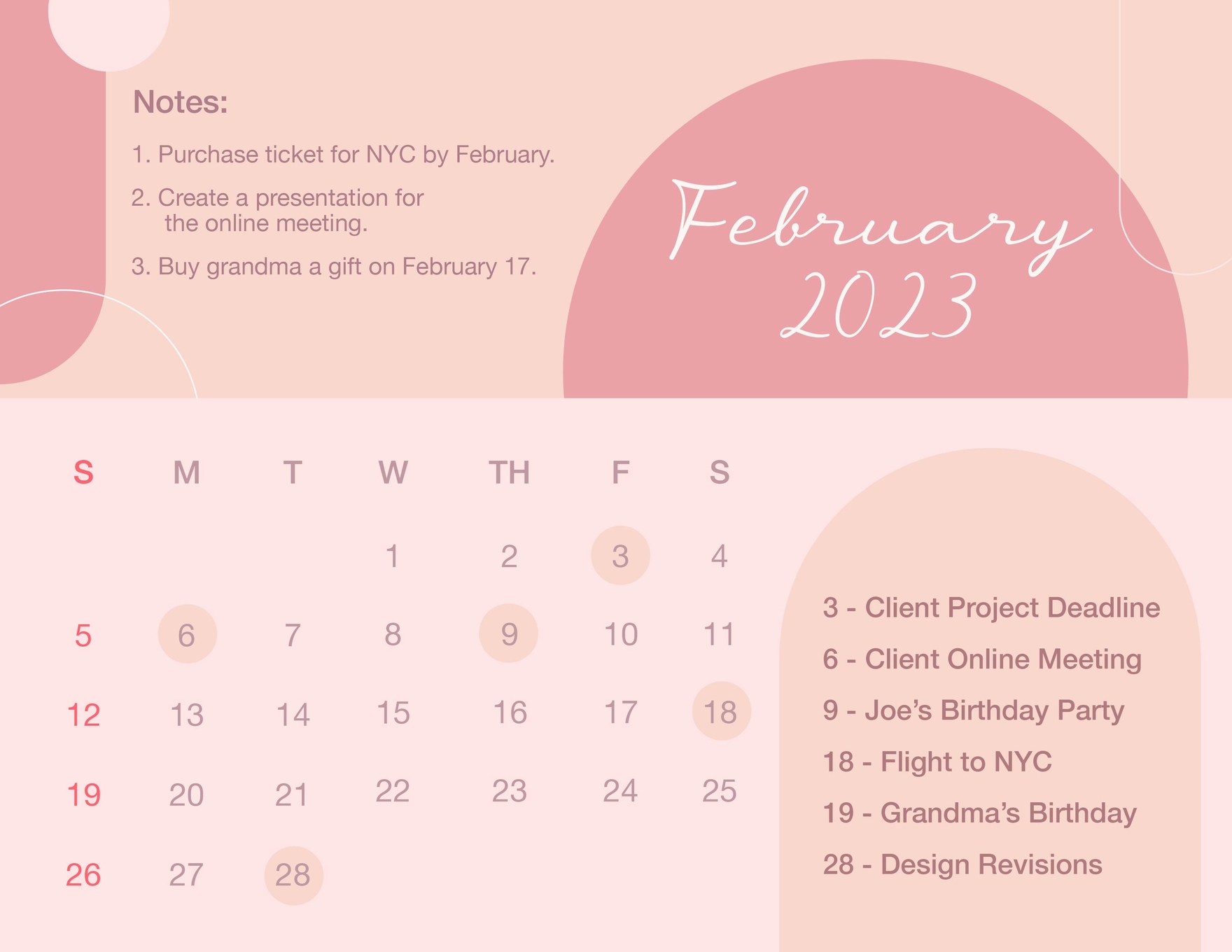 Pink February 2023 Calendar Google Docs Illustrator Word Apple 