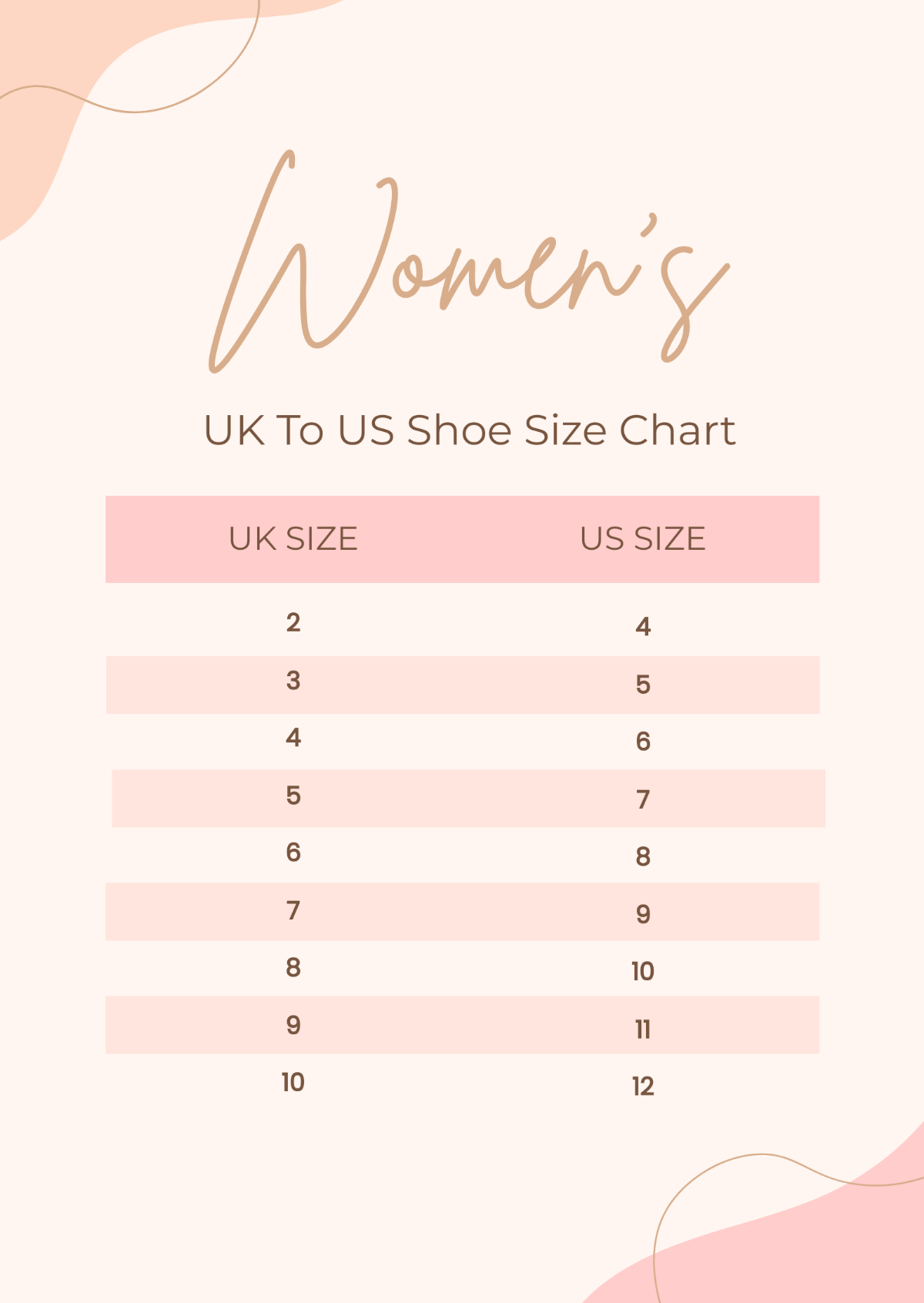Free Women's Uk To Us Shoe Size Chart Template