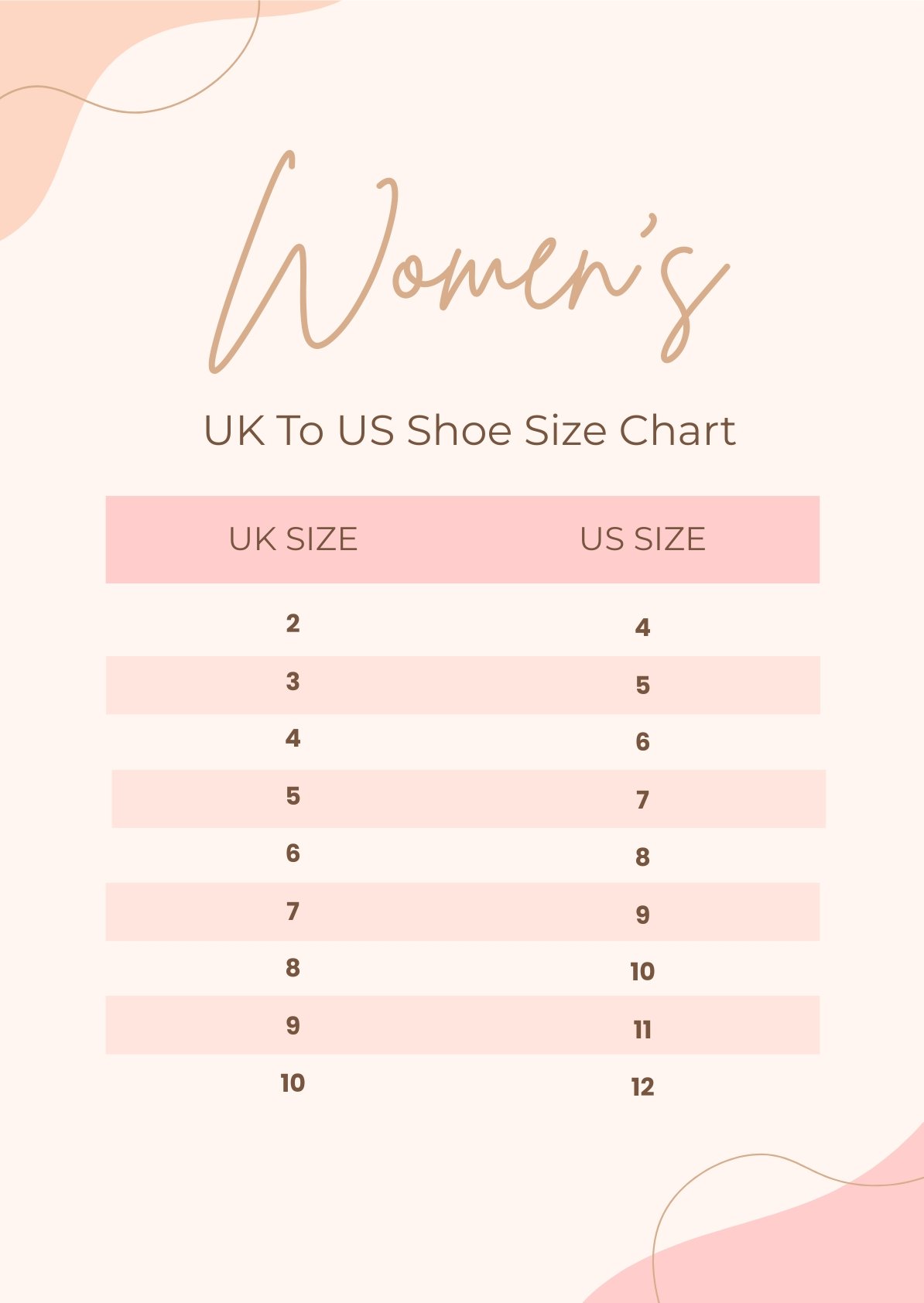 Free Women's Uk To Us Shoe Size Chart in PDF, Illustrator