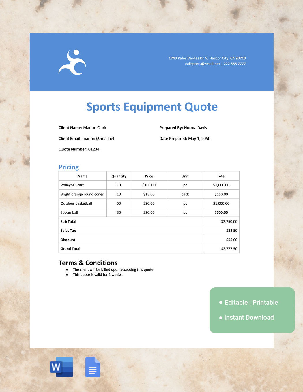 Sports Shop Quotation Template in Word, Google Docs