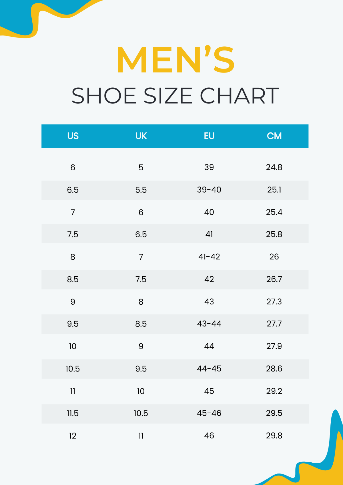 Men's Shoe Size Chart Template