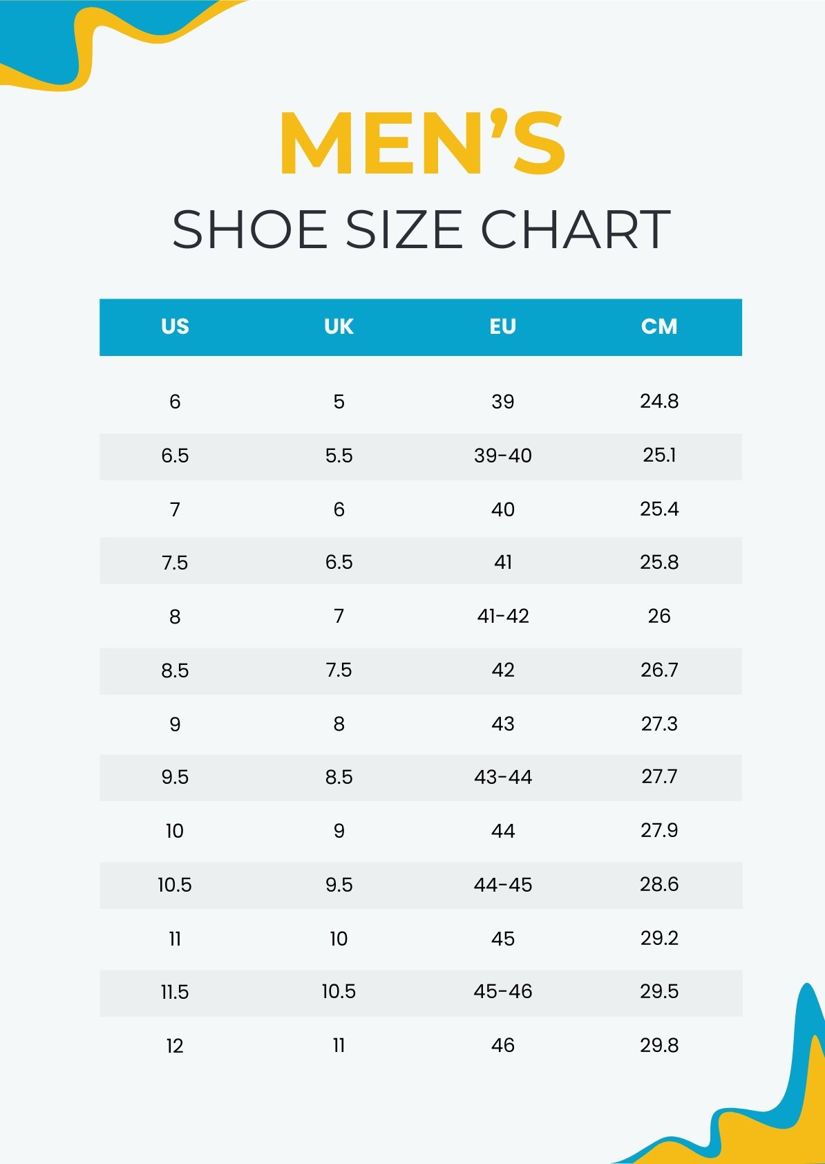 Men's Shoe Size Chart in PDF, Illustrator
