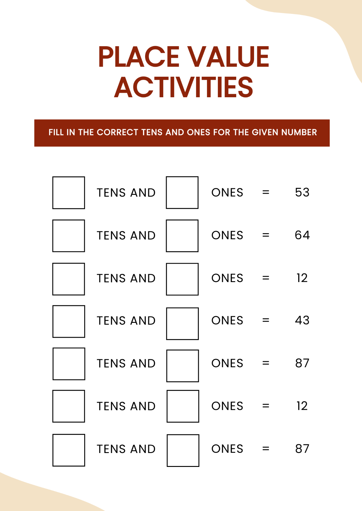 Place Value Activities Chart