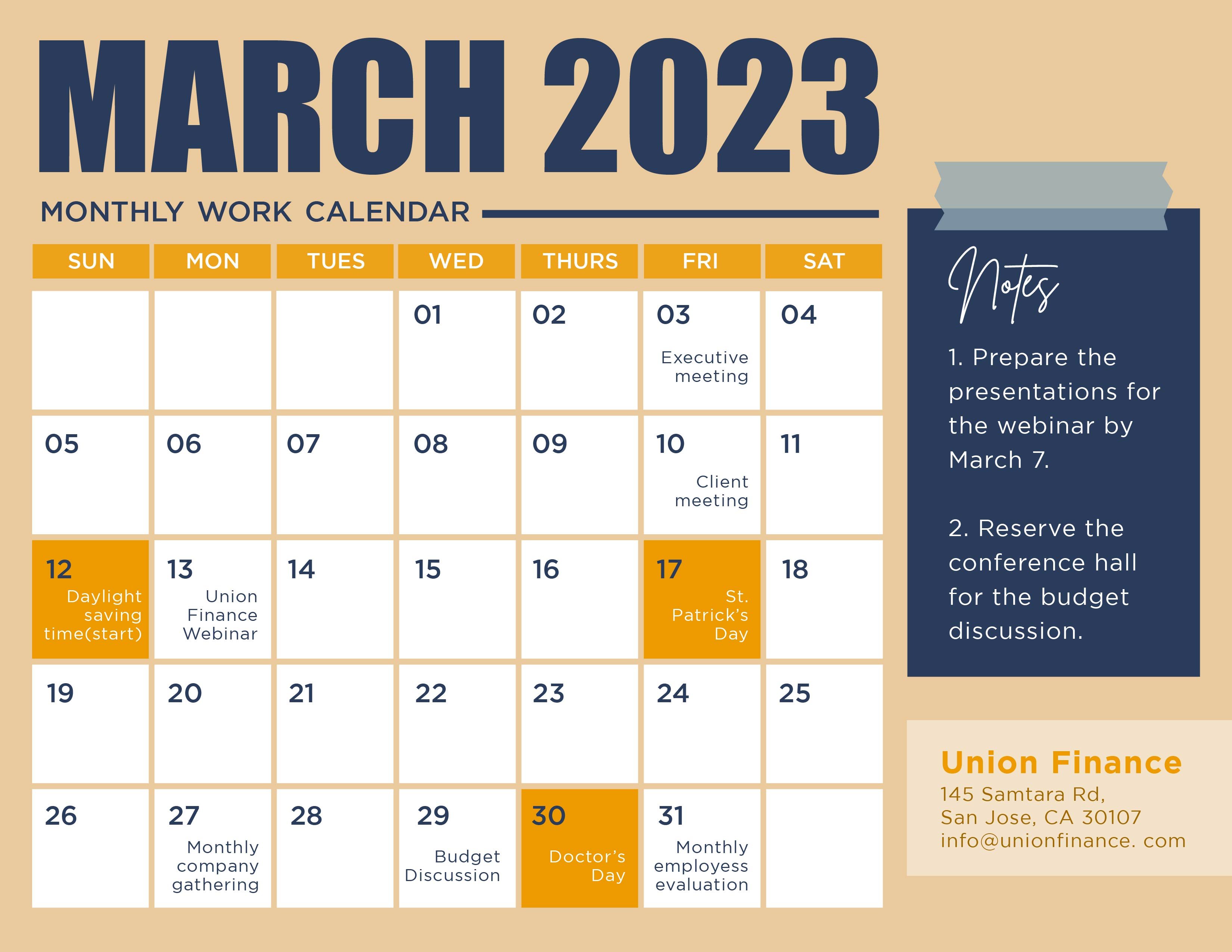 March 2023 Calendar Template Download in Word Google Docs