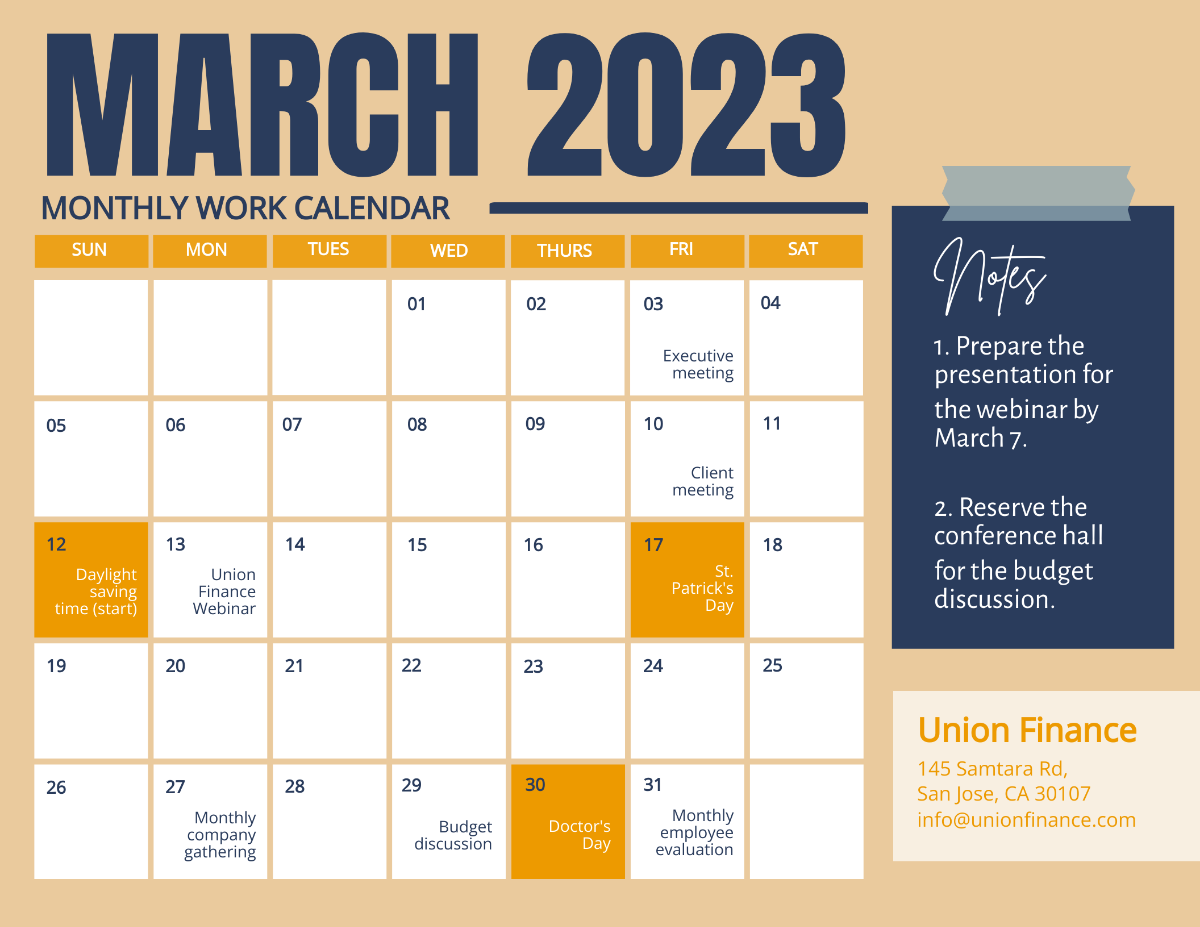 March 2023 Calendar With Holidays Template