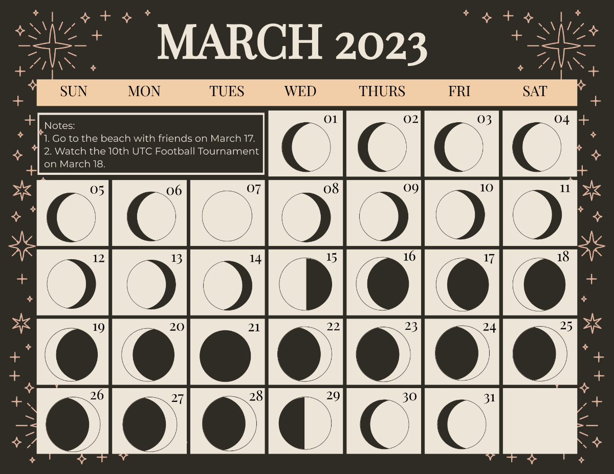 March 2023 Calendar With Moon Phases Template