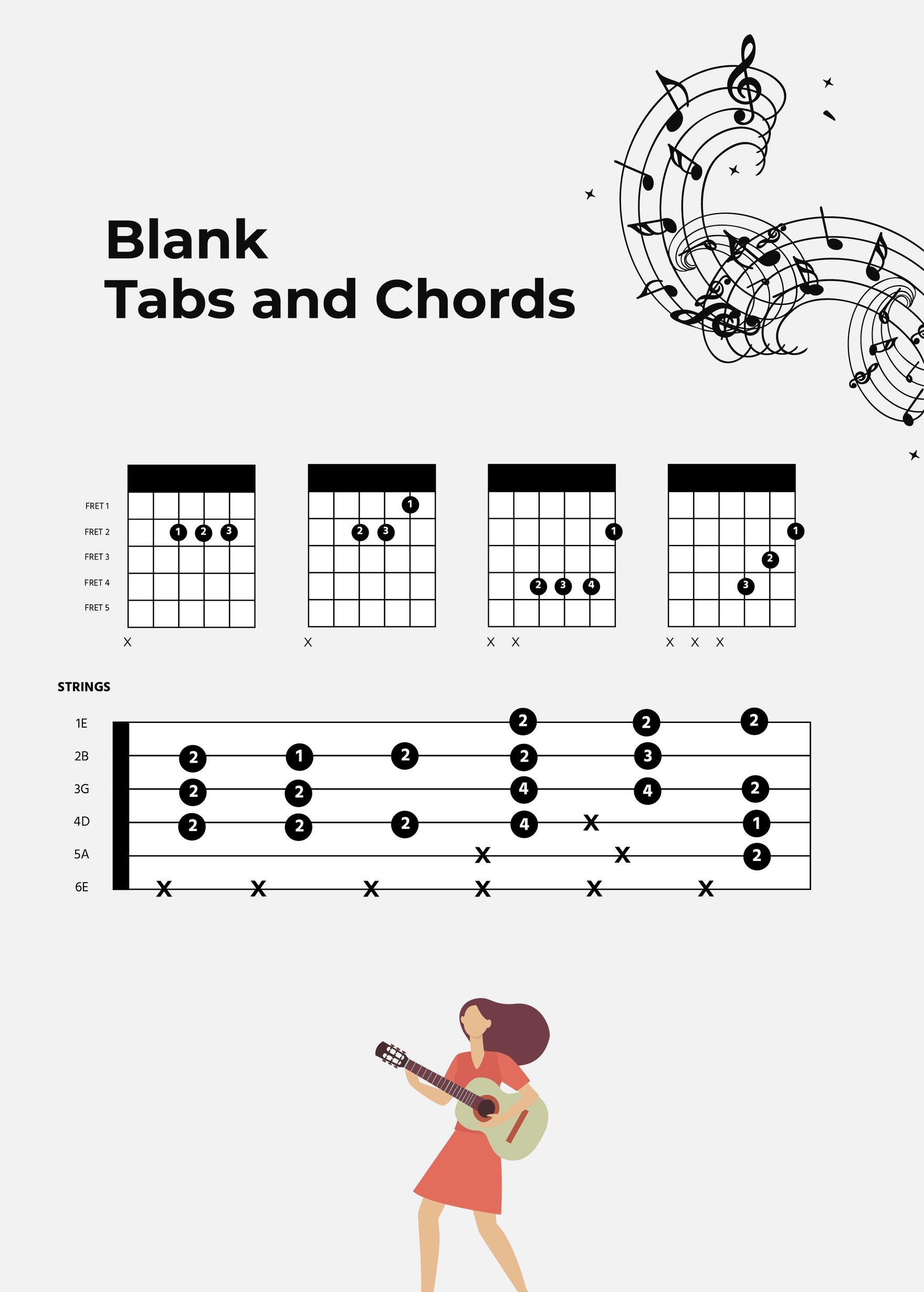 Guitar Blank Tabs & Chords Chart in PDF, Illustrator