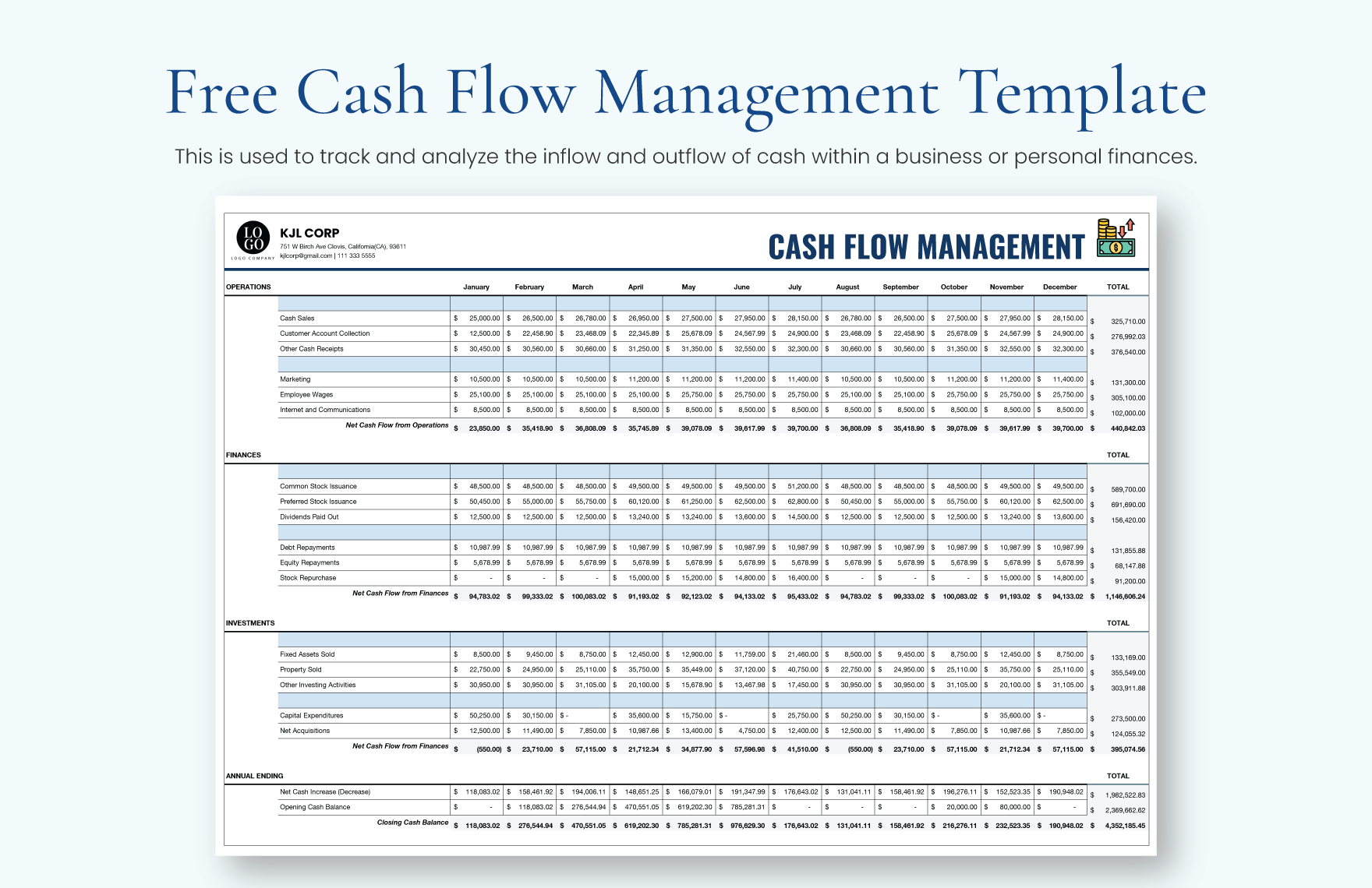 project cash flow template excel