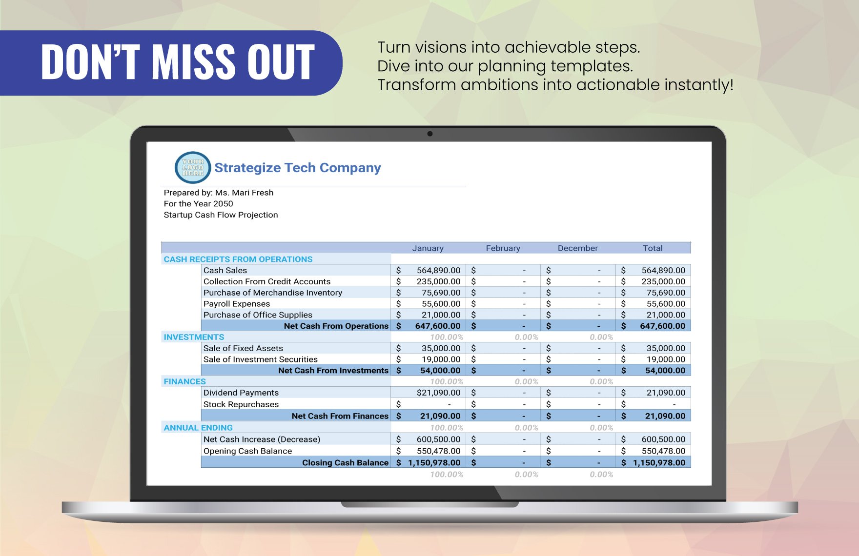 Startup CashFlow Projection Template