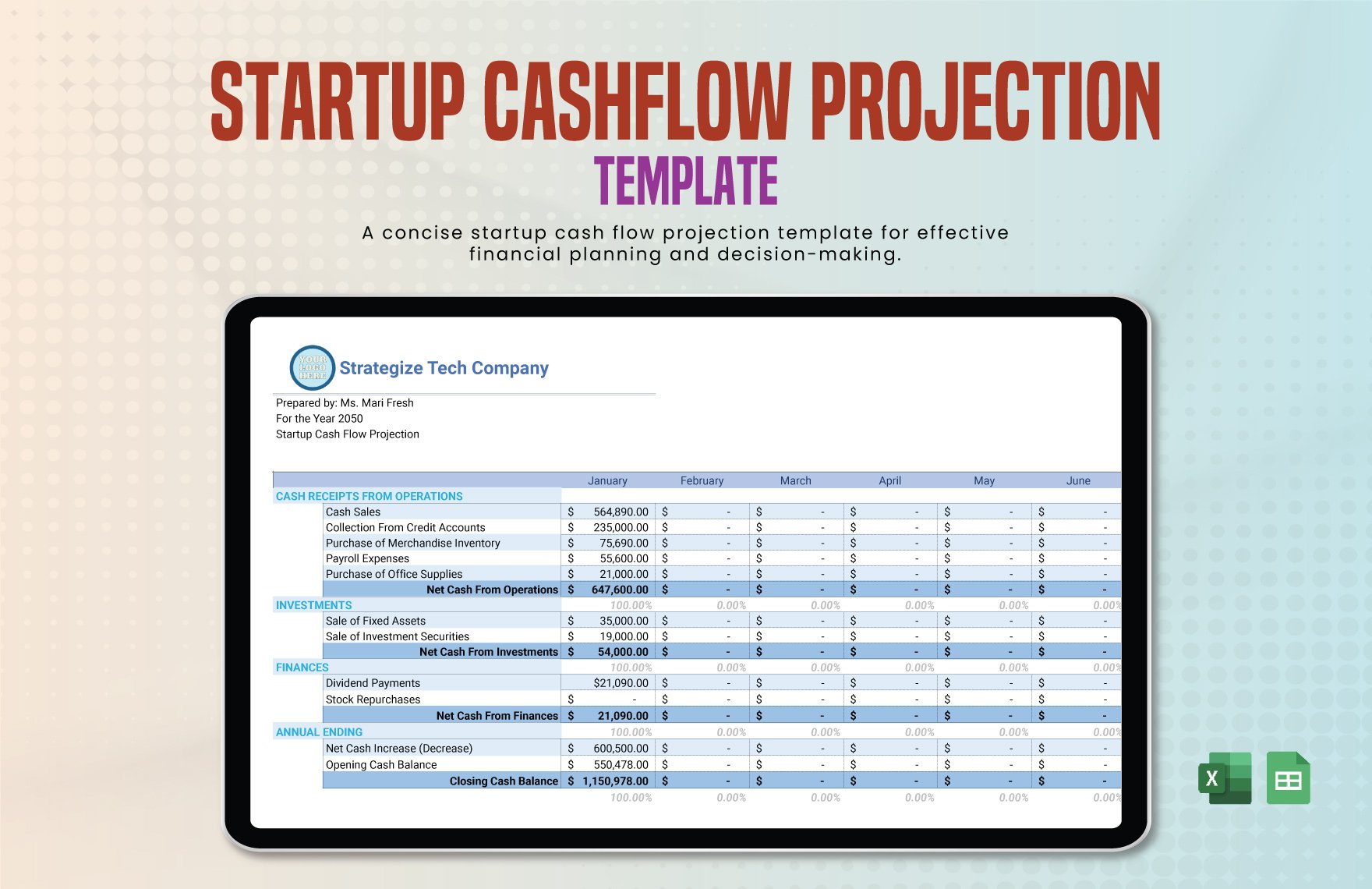 Free Startup CashFlow Projection Template in Excel, Google Sheets