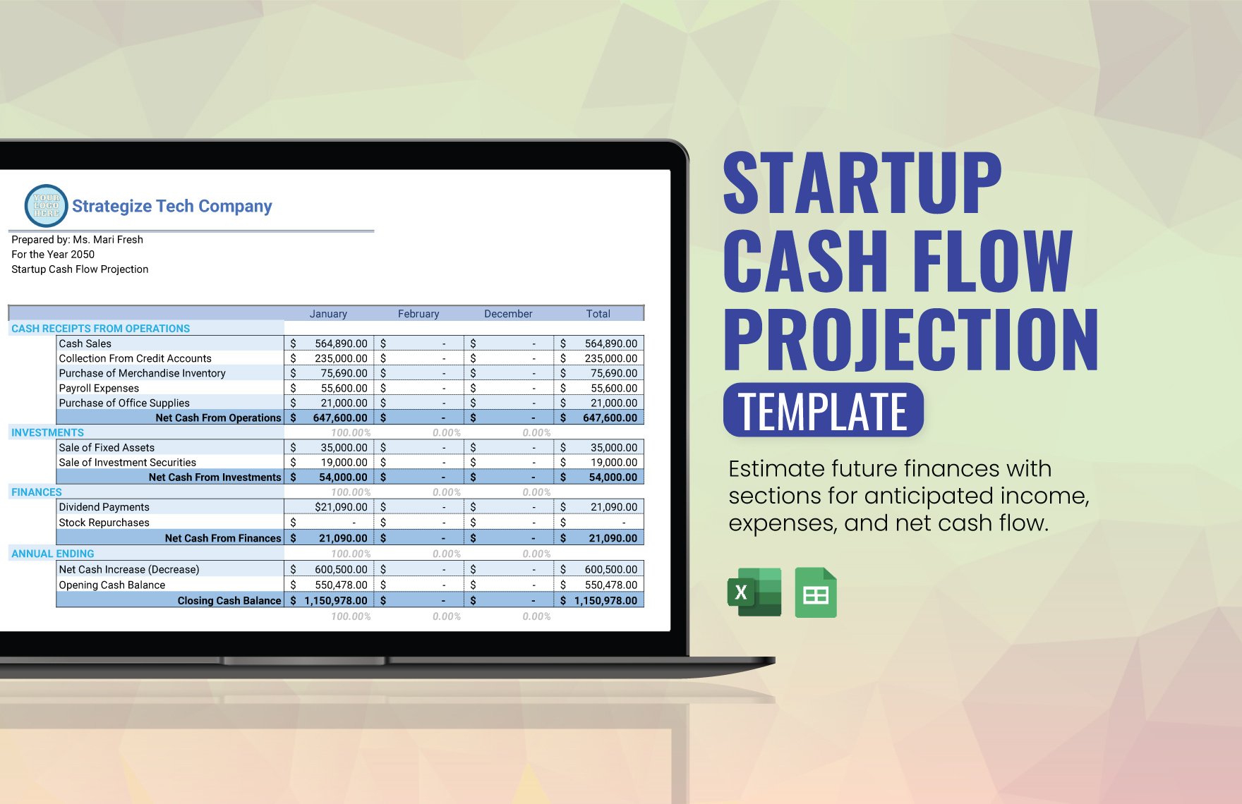 Free Startup CashFlow Projection Template in Excel, Google Sheets