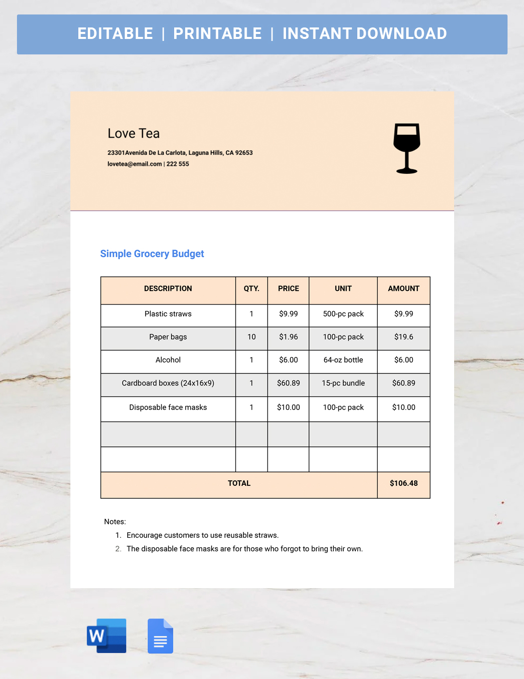 Simple Grocery Budget Template