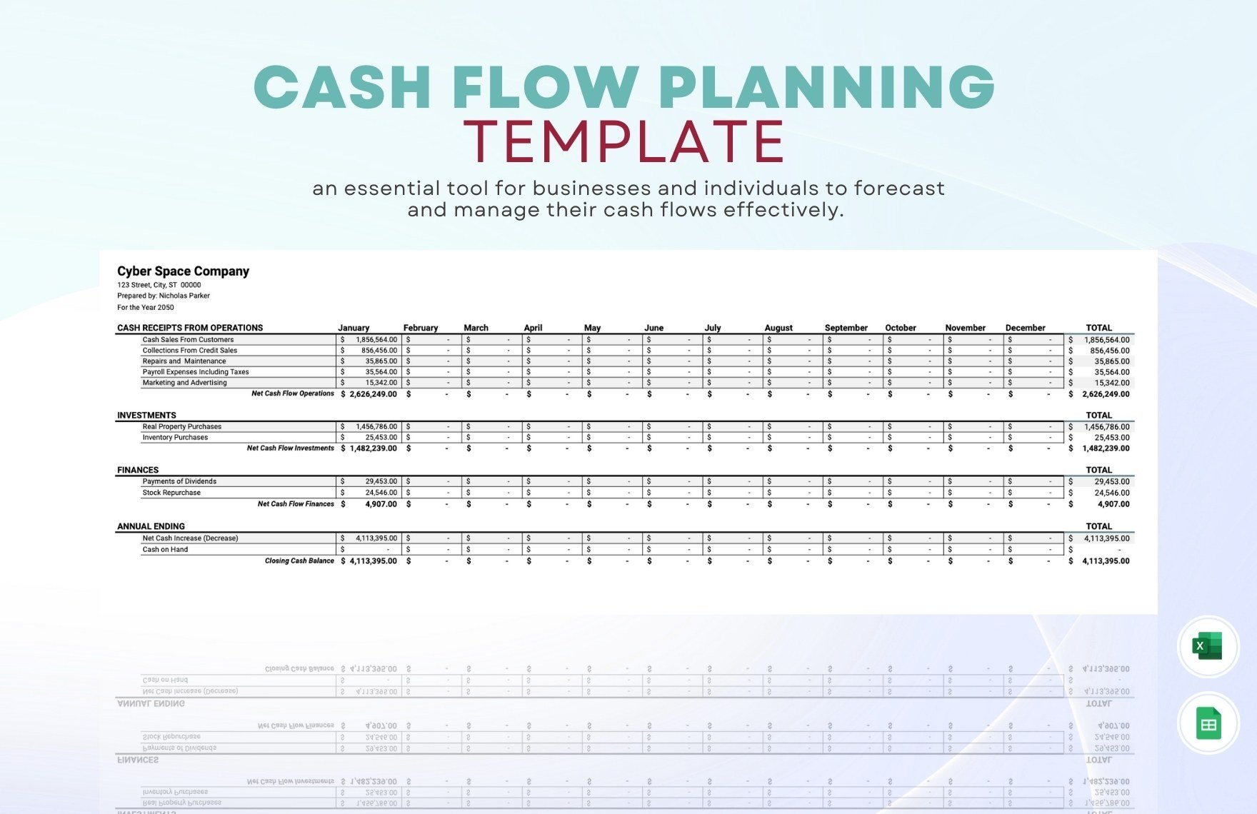 Cashflow Planning Template in Excel, Google Sheets