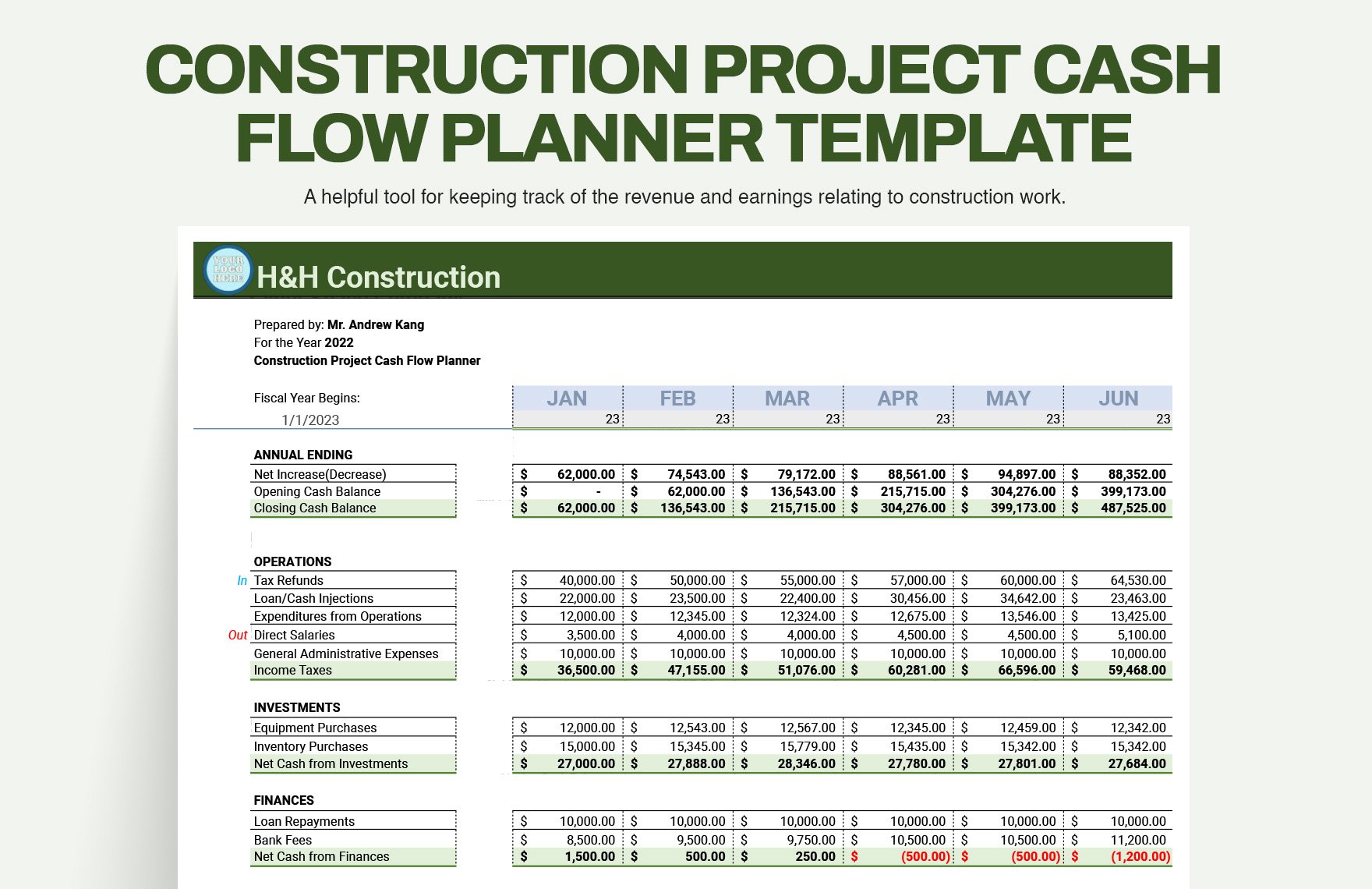 Construction Project Cash Flow Planner Template in Excel, Google Sheets