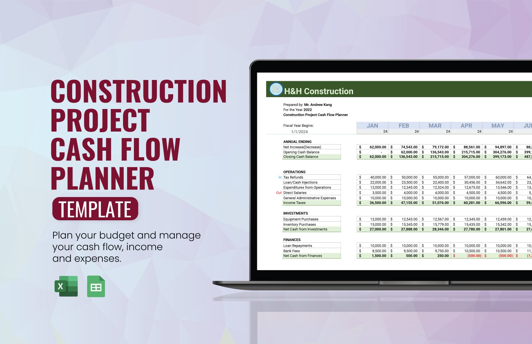 Construction Project Cash Flow Planner Template in Excel, Google Sheets