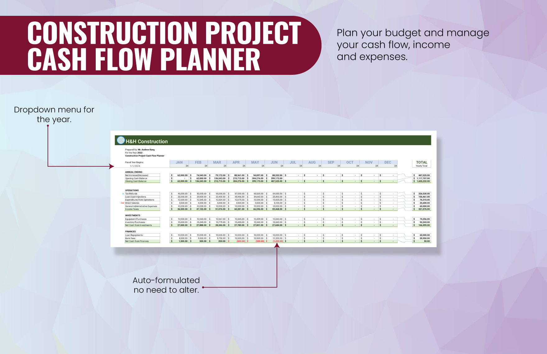 Construction Project Cash Flow Planner Template