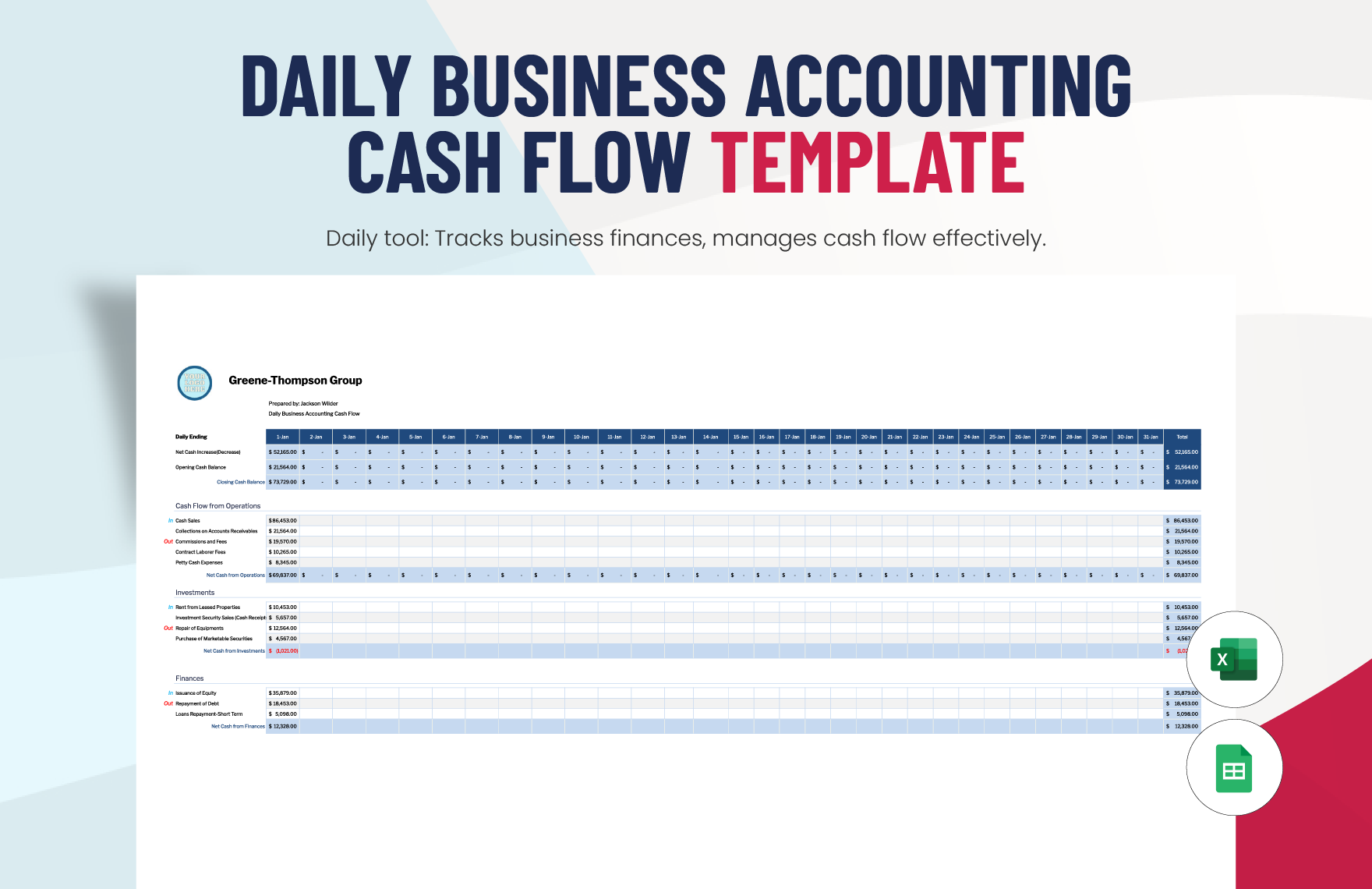 Daily Business Accounting Cash Flow Template in Excel, Google Sheets