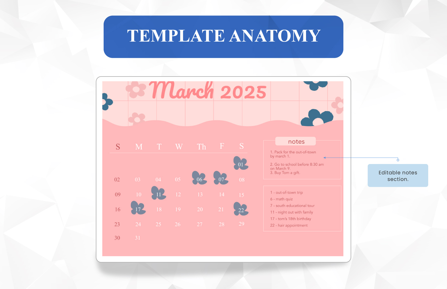 Cute March 2025 Calendar Template