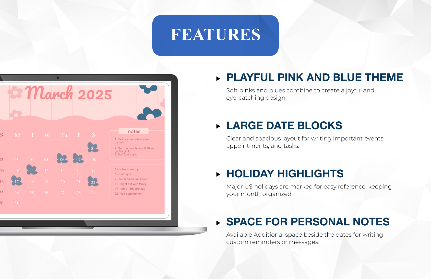 Cute March 2025 Calendar Template