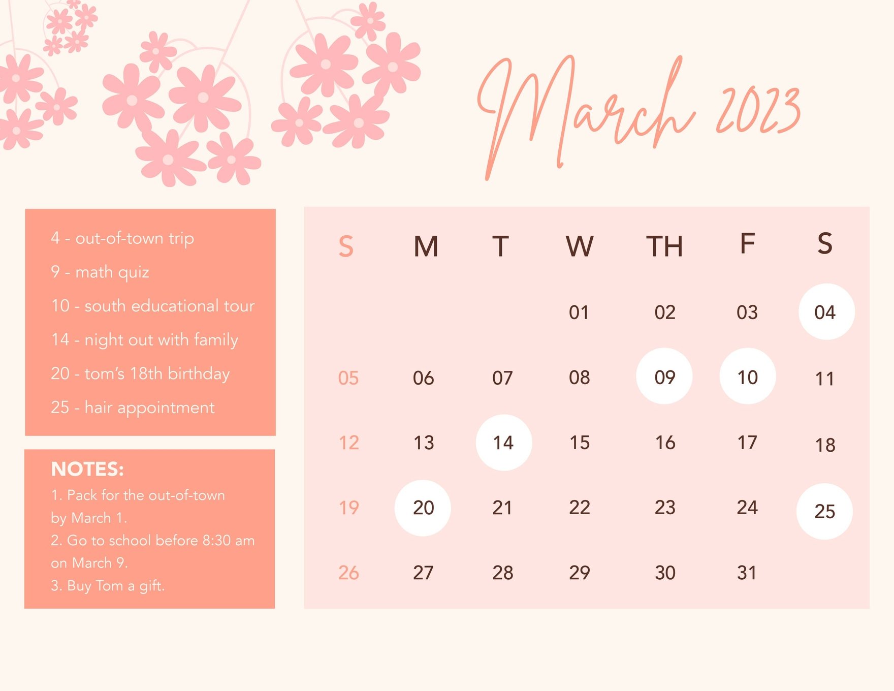Floral March 2023 Calendar Template
